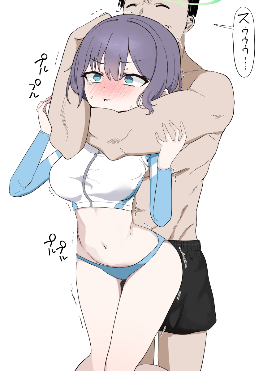 1boy 1girl absurdres aqua_eyes bikini black_eyes black_hair black_shorts blue_archive blue_bikini blue_jacket blush commentary_request crying crying_with_eyes_open hair_between_eyes halo hands_up highres jacket long_sleeves looking_ahead mochini multicolored_eyes multicolored_jacket navel official_alternate_costume raglan_sleeves saki_(blue_archive) saki_(swimsuit)_(blue_archive) sensei_(blue_archive) short_hair shorts sidelocks speech_bubble strangling sweat sweatdrop swimsuit tears translation_request trembling two-tone_eyes two-tone_jacket v-shaped_eyebrows white_jacket zipper