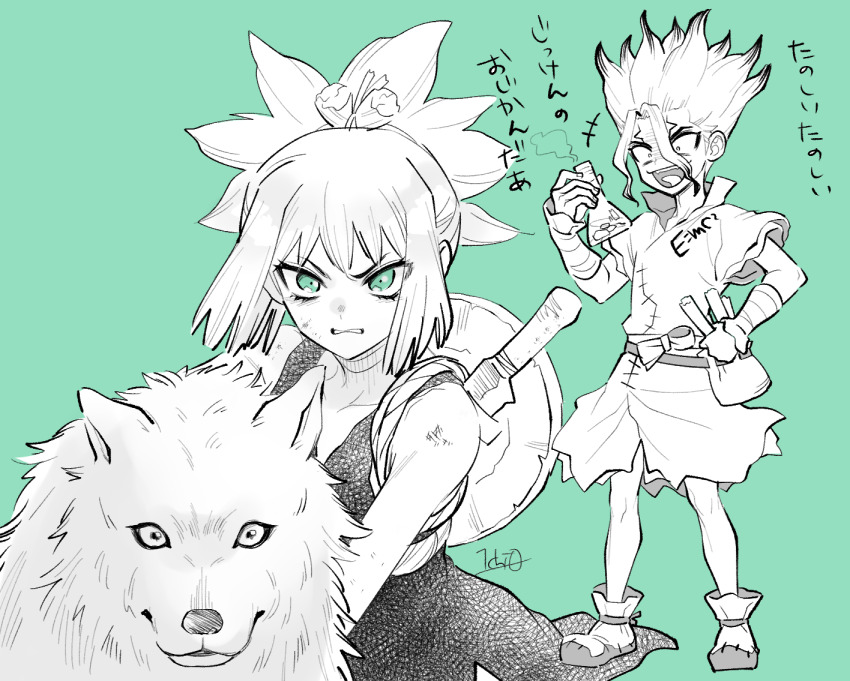 1girl animal chemistry clenched_teeth commentary_request dog dr._stone dress e=mc2_(equation) facial_mark flower food green_background green_eyes greyscale_with_colored_background ishigami_senkuu kohaku_(dr._stone) laughing looking_at_viewer male_focus monochrome multicolored_hair ninomae_gin open_mouth ponytail pouch scratches signature simple_background smile spiked_hair sword teeth weapon weapon_on_back wolf