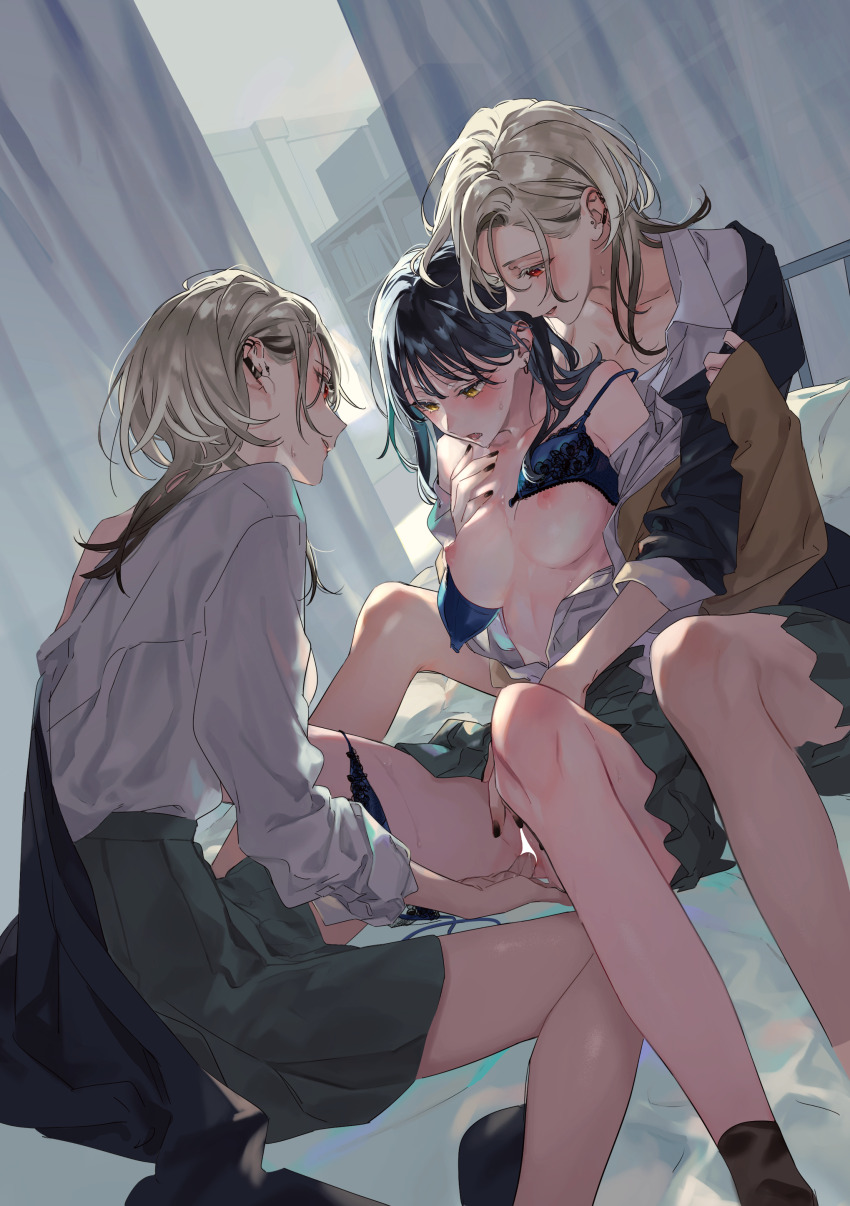 3girls absurdres arm_out_of_sleeve black_hair black_nails black_socks blank_censor blonde_hair blue_bra blue_panties blush bra breasts censored collarbone collared_shirt colored_tips curtains ear_piercing earclip earrings fff_threesome fingering front-hook_bra green_skirt group_sex highres indoors jacket jewelry lace lace-trimmed_bra lace-trimmed_panties lace_trim long_hair long_sleeves looking_at_another medium_breasts multicolored_hair multiple_girls nail_polish nipples off-shoulder_shirt off_shoulder on_bed open_bra open_clothes open_shirt original panties panties_around_leg piercing pleated_skirt pussy_juice reach-around red_eyes school_uniform shimaidon_(sex) shirt shuu-0208 siblings single_off_shoulder sisters sitting skirt socks spread_legs stud_earrings sweatdrop threesome twins two-tone_hair underwear yellow_eyes yuri