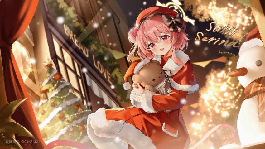 1girl absurdres black_bow blue_archive bow character_name chinese_commentary christmas_tree commentary_request dress guzangnanfeng hair_bun halo hat highres looking_at_viewer official_alternate_costume open_mouth outdoors pink_hair red_dress red_hat santa_hat serina_(blue_archive) serina_(christmas)_(blue_archive) single_hair_bun smile snowman solo stuffed_animal stuffed_toy teddy_bear