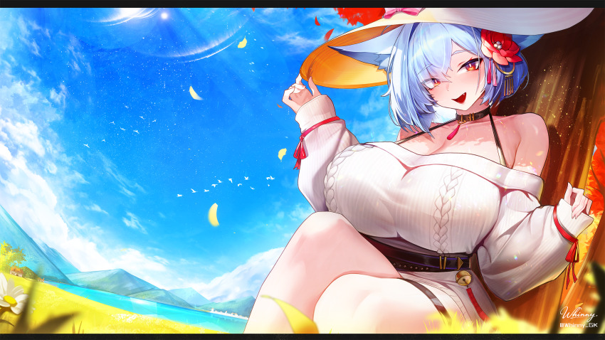 1girl adjusting_clothes adjusting_headwear animal_ears artist_name bare_shoulders bell belt blue_hair breasts cleavage cloud cloudy_sky detached_sleeves fang flower fox_ears fox_girl grass hair_between_eyes hair_flower hair_ornament hat huge_breasts kkkweenie knee_up mountain open_mouth original red_eyes short_hair sitting sky smile solo sun_hat sweater thigh_strap tree white_sweater