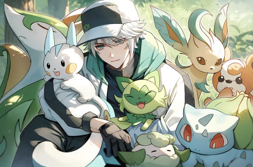 1boy aguaaaaa4 alhaitham_(genshin_impact) alternate_costume aqua_eyes aqua_hoodie black_gloves black_pants bulbasaur closed_mouth commentary cottonee dendro_symbol_(genshin_impact) english_commentary gen_1_pokemon gen_2_pokemon gen_4_pokemon gen_5_pokemon genshin_impact gloves grey_hair hat hood hooded_jacket hoodie jacket leafeon long_sleeves male_focus nintendo pachirisu pants pokemon pokemon_(creature) serperior short_hair sprigatito teddiursa white_hair white_jacket