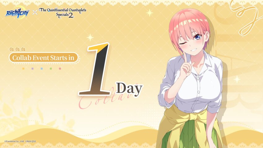 1girl blue_eyes blush breasts cardigan clothes_around_waist collarbone collared_shirt dot_nose english_text female_focus game_cg go-toubun_no_hanayome green_skirt highres large_breasts long_sleeves looking_at_viewer miniskirt nakano_ichika official_art one_eye_closed pink_hair pleated_skirt riichi_city school_uniform shirt shirt_tucked_in short_hair skirt smile solo solo_focus sweater sweater_around_waist teeth translated white_shirt wink yellow_cardigan