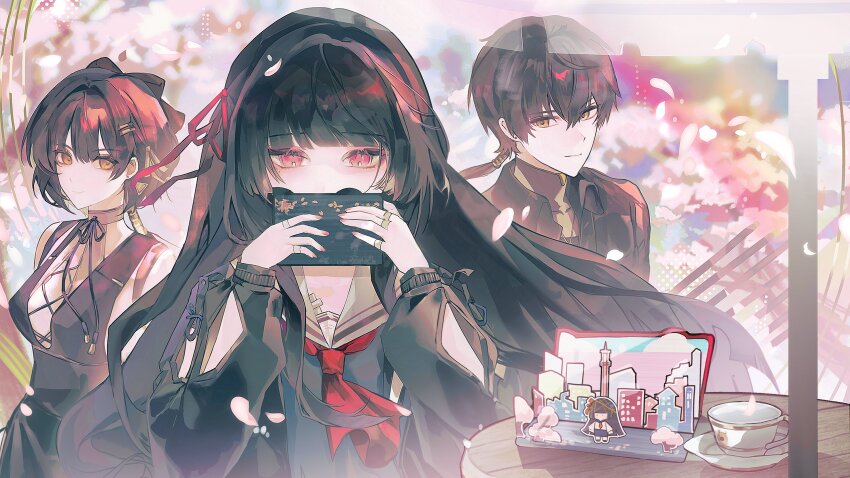 1boy 2girls arm_cutout bare_shoulders black_hair black_jacket black_shirt breasts chisa_(wuthering_waves) closed_mouth clothing_cutout commentary cross-laced_clothes cross-laced_top female_rover_(wuthering_waves) hair_ribbon hashtag-only_commentary highres holding jacket long_hair long_sleeves looking_at_another looking_at_viewer male_rover_(wuthering_waves) medium_breasts multiple_girls neckerchief red_eyes red_neckerchief red_ribbon ribbon rover_(wuthering_waves) sailor_collar shirt smile ssyatjjeu7 white_sailor_collar wuthering_waves yellow_eyes yellow_ribbon