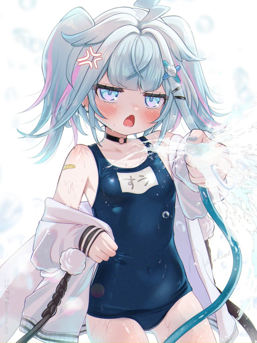 1girl absurdres ahoge alternate_costume alternate_hairstyle anger_vein angry bandaid blue_eyes blue_hair blue_nails blue_one-piece_swimsuit blunt_bangs blush breasts bubble choker cowboy_shot fang hair_flaps hair_ornament highres holding holding_hose hololive hololive_dev_is hose jacket lightning_ahoge looking_at_viewer mizumiya_su multicolored_hair nail_polish name_tag nishi_ao o-ring o-ring_choker one-piece_swimsuit open_mouth piercing pink_hair school_swimsuit simple_background small_breasts solo spraying streaked_hair swimsuit twintails virtual_youtuber water_drop wet wet_clothes white_jacket