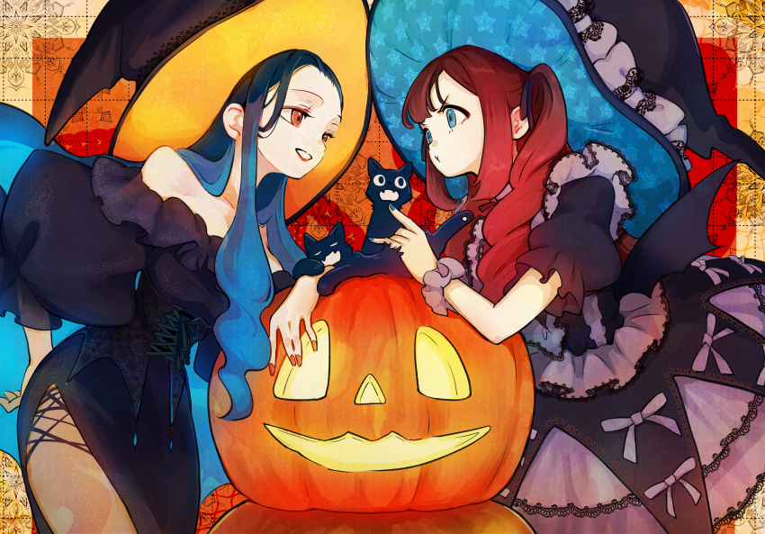 2girls absurdres animal aqua_eyes black_cat black_dress blue_hair blue_nails cat color_contrast commentary dress english_commentary eye_contact fingernails from_side grey_scrunchie grin halloween hand_up hat highres jack-o'-lantern karugamohouse layered_dress long_hair long_sidelocks looking_at_another multiple_girls nail_polish orange_background orange_eyes orange_nails original pout pumpkin red_hair scrunchie short_sleeves side_slit sidelocks smile star_(symbol) star_print two-tone_dress very_long_hair what witch_hat wrist_scrunchie