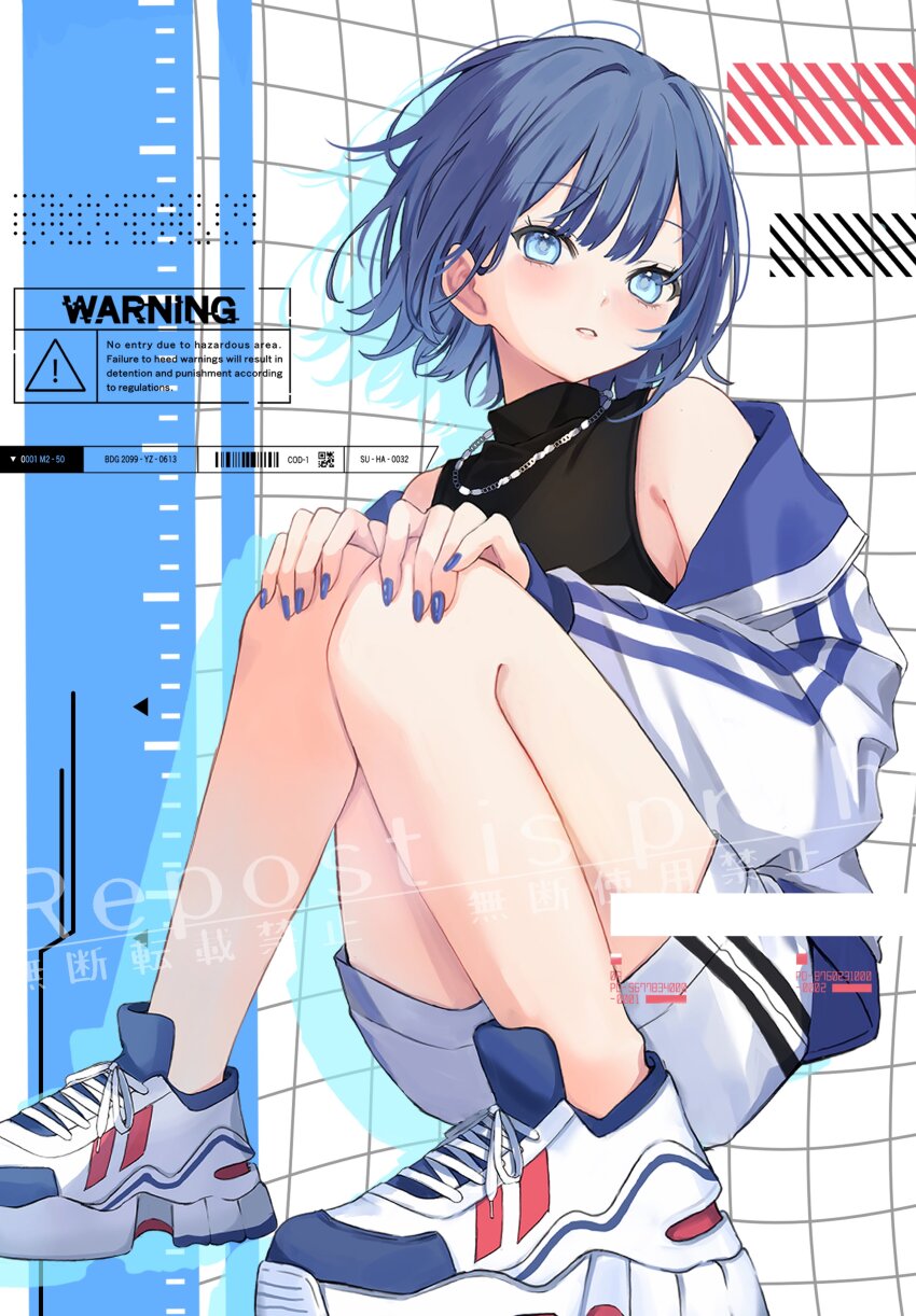 1girl absurdres bare_shoulders black_shirt blue_eyes blue_hair blue_jacket blue_nails highres jacket looking_at_viewer multicolored_jacket nekotora_(nekotora0116) off_shoulder original parted_lips shirt shoes short_hair shorts sitting sleeveless sleeveless_shirt sneakers solo white_jacket white_shoes white_shorts