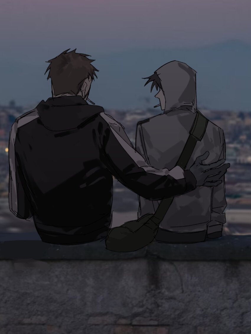 2boys afraid_of_monsters bag black_gloves black_hair black_hoodie black_shirt brotherhon56337 brown_hair city creator_connection cry_of_fear david_leatherhoff facing_away gloves grey_gloves grey_hoodie hand_on_another's_back highres hood hood_down hood_up hoodie looking_at_another male_focus multiple_boys on_wall scar scar_on_face shirt short_hair shoulder_bag simon_henriksson sitting skyline sunrise