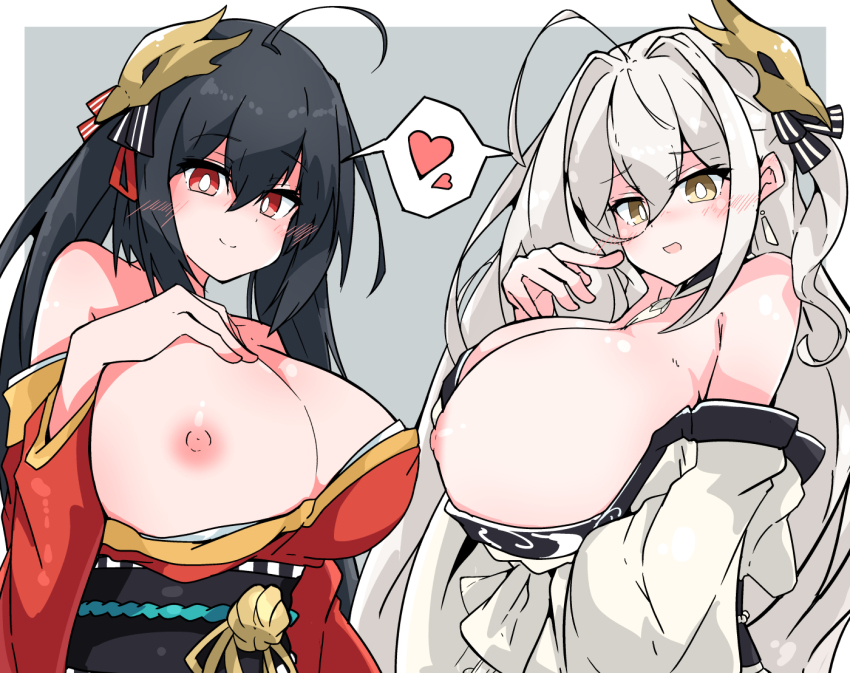 2girls ahoge azur_lane bare_shoulders bird_mask black_hair blush breasts breasts_out closed_mouth commentary earrings hair_between_eyes hair_intakes hair_ornament hakuhou_(azur_lane) heart huge_breasts japanese_clothes jewelry kimono long_hair looking_at_viewer mask mask_on_head multiple_girls nejirehifumi nipples open_mouth red_eyes red_kimono shiny_skin siblings simple_background sisters smile speech_bubble spoken_heart taihou_(azur_lane) very_long_hair white_hair white_kimono yellow_eyes