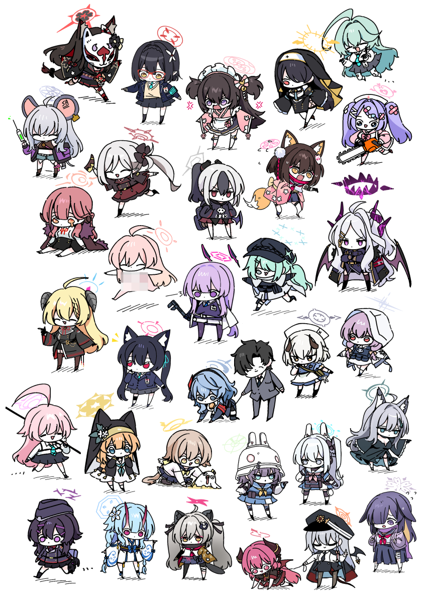 1boy 6+girls absurdres akari_(blue_archive) ako_(blue_archive) aru_(blue_archive) atsuko_(blue_archive) ayane_(blue_archive) black_hair blue_archive blue_hair brown_hair censored character_request chibi chise_(blue_archive) commentary english_commentary formal_clothes full_body green_hair grey_hair grey_suit hanae_(blue_archive) hanako_(blue_archive) haruka_(blue_archive) haruna_(blue_archive) hifumi_(blue_archive) highres hina_(blue_archive) hinata_(blue_archive) hiyori_(blue_archive) hoshino_(blue_archive) izuna_(blue_archive) junko_(blue_archive) kayoko_(blue_archive) long_hair mari_(blue_archive) michiru_(blue_archive) mosaic_censoring multiple_girls mutsuki_(blue_archive) pink_hair purple_eyes purple_hair sensei_(blue_archive) serika_(blue_archive) shiroko_terror_(blue_archive) shizuko_(blue_archive) suit syk utaha_(blue_archive) white_background white_hair yume_(blue_archive)