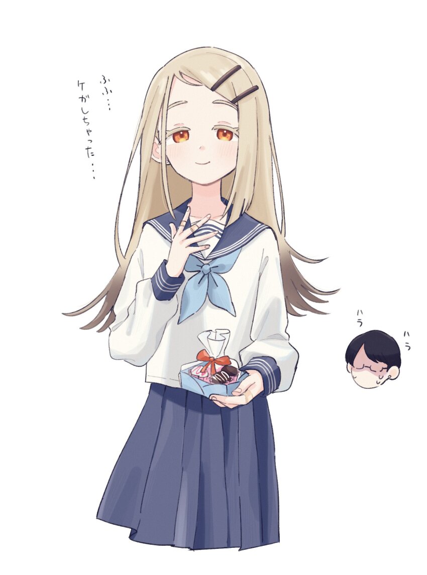 1boy 1girl bandaid bandaid_on_finger bandaid_on_hand black_hair blonde_hair blue_neckerchief blue_sailor_collar blue_skirt box closed_mouth colored_eyelashes commentary cowboy_shot cropped_legs earrings faceless faceless_male fingernails food gakuen_idolmaster glasses gradient_hair grey_hair hair_ornament hairclip hand_up highres holding holding_box idolmaster jewelry light_blush long_hair long_sleeves looking_at_viewer multicolored_hair neckerchief orange_eyes parallel_hairclips pleated_skirt producer_(idolmaster) sailor_collar school_uniform serafuku shinosawa_hiro shirt short_hair simple_background skirt smile stud_earrings sweat sweets swept_bangs symbol-only_commentary translation_request white_background white_shirt yasuzero