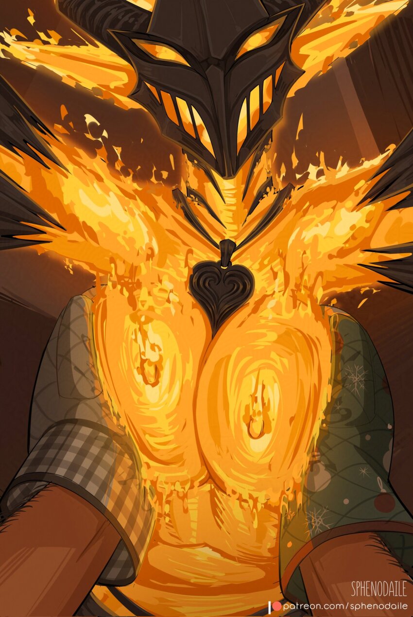 1girl breasts colored_skin elemental_(creature) fiery_hair fire fire_elemental flame_atronach flaming_head grabbing_another's_breast groping heart heart_necklace helmet highres horns jewelry large_breasts monster monster_girl necklace nipples nude orange_skin oven_mitts pointy_ears pyrokinesis sphenodaile the_elder_scrolls the_elder_scrolls_iv:_oblivion