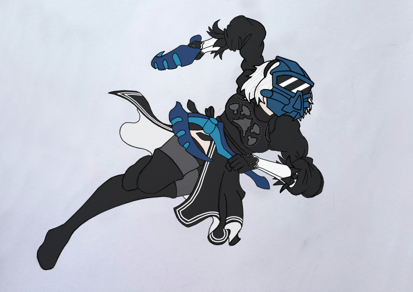 1girl absurdres bionicle black_dress black_footwear black_hairband boots covered_eyes dress feather-trimmed_sleeves hairband highres hook juliet_sleeves lego long_sleeves mask nier_(series) nier:automata no_blindfold puffy_sleeves ribbed_dress silver_hair the_lego_group thigh_boots thighhighs thighhighs_under_boots vambraces 2b_(nier:automata)