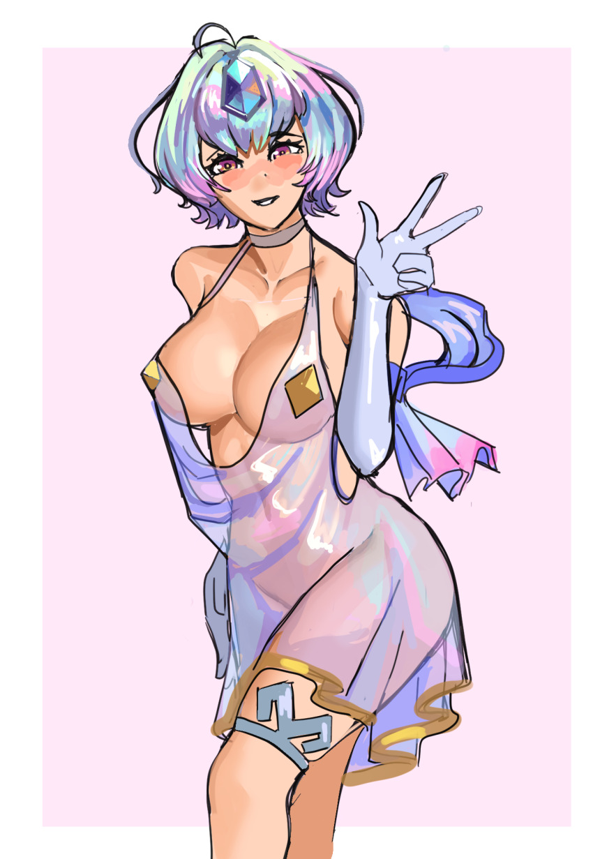 1girl breasts cleavage fire_emblem fire_emblem_heroes functionally_nude large_breasts lingerie looking_at_viewer midriff multicolored_eyes multicolored_hair navel nintendo see-through_clothes seidr_(fire_emblem) short_hair solo sunbeam_(artist) underwear victory_pose