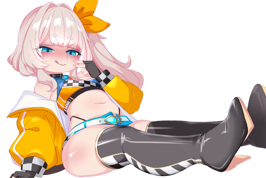 1girl arm_support belt black_boots black_gloves black_panties blue_eyes blue_gem blue_shorts blush boots brooch checkered_clothes checkered_footwear checkered_jacket clothes_writing eyes_visible_through_hair fingerless_gloves gem gloves grey_hair hair_ribbon high_heels highleg highleg_panties jacket jewelry kukuchi581 loli long_hair long_sleeves looking_at_viewer marimari_(vtuber) midriff navel off-shoulder_jacket off_shoulder open_clothes open_jacket orange_jacket orange_ribbon orange_shirt panties panty_straps phase_connect ponytail race_queen ribbon shirt short_shorts shorts side_ponytail sidelocks sitting sleeveless sleeveless_shirt smile thick_thighs thigh_boots thighs tongue tongue_out underwear v virtual_youtuber white_belt