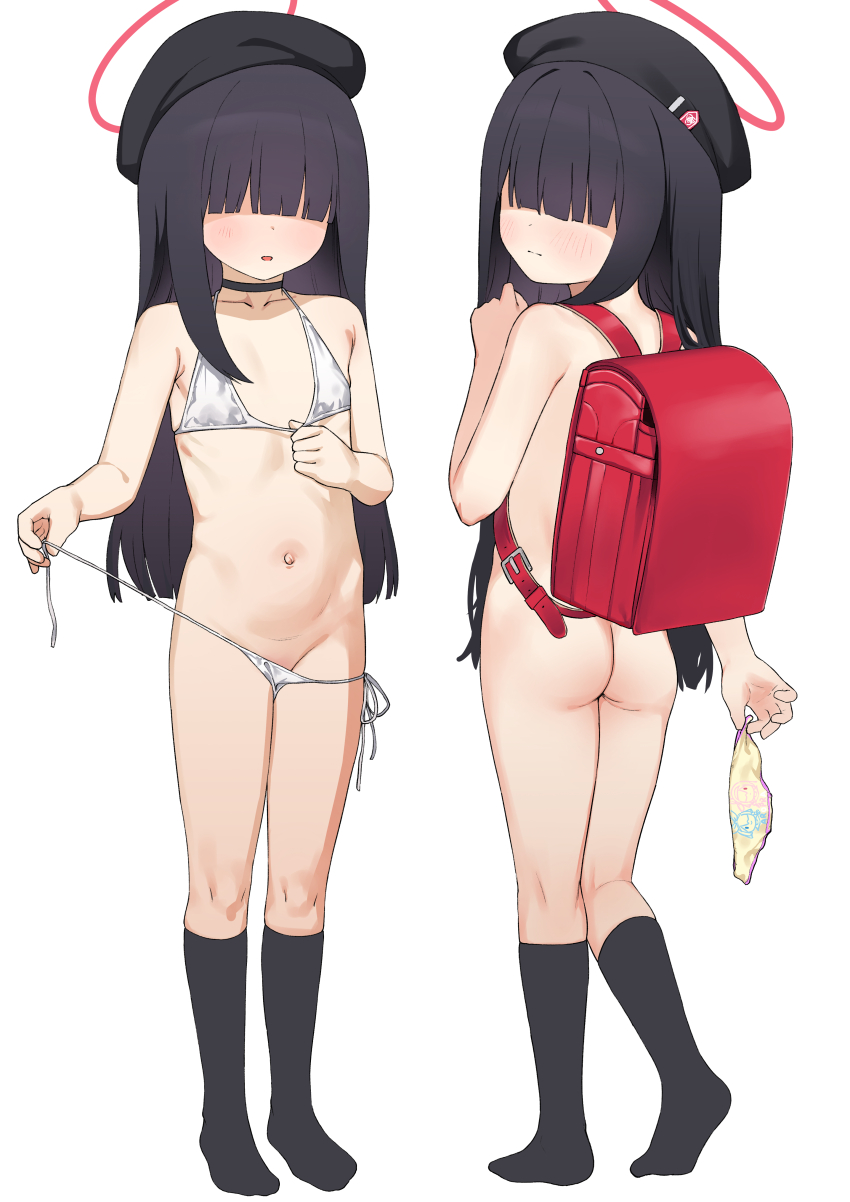 1girl aak absurdres ass backpack bag beret bikini black_choker black_hair black_headwear black_socks blue_archive blunt_bangs blush choker collarbone covered_eyes female_focus from_behind full_body hair_over_eyes halterneck hat highres holding holding_unworn_clothes holding_panties holding_underwear holding_unworn_clothes justice_task_force_member_(blue_archive) kneehighs kneepits light_smile loli long_hair looking_at_viewer micro_bikini multiple_views navel nude panties randoseru side-tie_bikini_bottom socks standing stomach string_bikini swimsuit underwear untying unworn_panties very_long_hair white_bikini