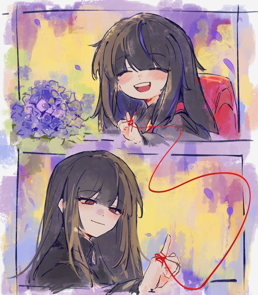 2girls :d absurdres araya_(project_moon) backpack bag black_hair blush flower highres hydrangea limbus_company long_hair mother_and_daughter multicolored_hair multiple_girls munh422 open_mouth project_moon randoseru red_eyes ryoshu_(project_moon) sidelocks smile streaked_hair string string_of_fate teeth upper_teeth_only