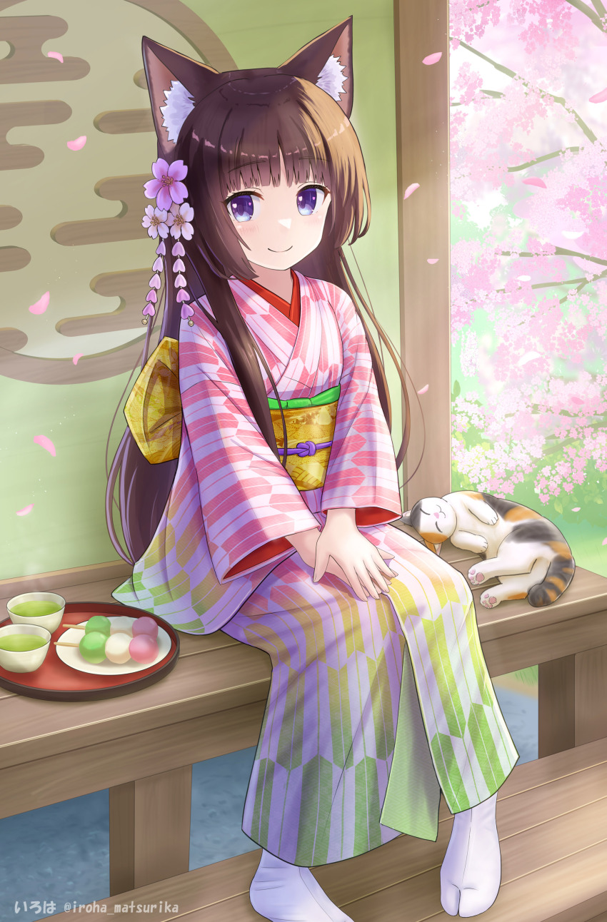 1girl absurdres animal animal_ear_fluff animal_ears blush branch brown_hair cat cat_ears cherry_blossoms closed_mouth commentary_request cup dango egasumi flower food gradient_clothes gradient_kimono highres iroha_(iroha_matsurika) japanese_clothes kimono long_hair long_sleeves looking_at_viewer mutsuki_(iroha_(iroha_matsurika)) no_shoes obi original petals pink_flower plate print_kimono purple_eyes sanshoku_dango sash sitting smile socks solo tabi tray very_long_hair wagashi white_socks wide_sleeves yagasuri