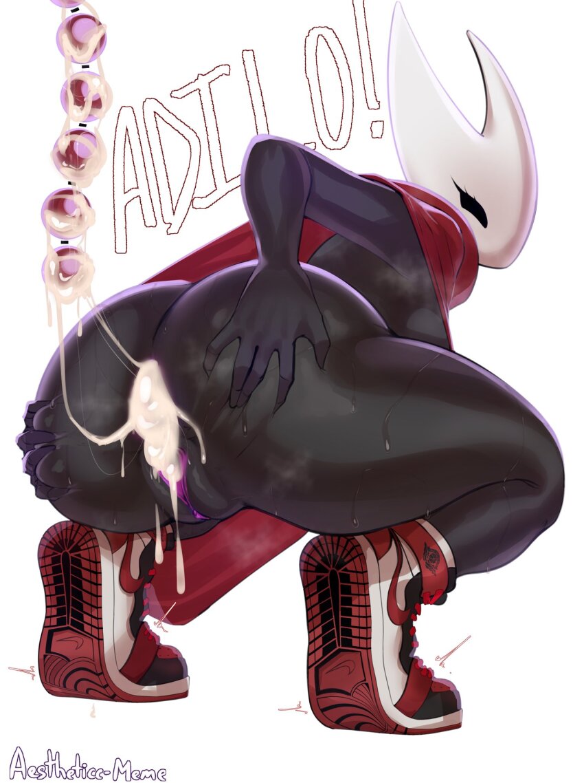 1girl aestheticc-meme after_anal anal_beads anus ass ass_focus black_skin cloak colored_skin cum cum_in_ass cumdrip from_behind grabbing_own_ass highres hollow_knight hollow_knight:_silksong hornet_(hollow_knight) huge_ass mask pussy sex_toy shoes simple_background sneakers solo spread_anus spread_ass squatting steaming_body sweat uncensored white_background