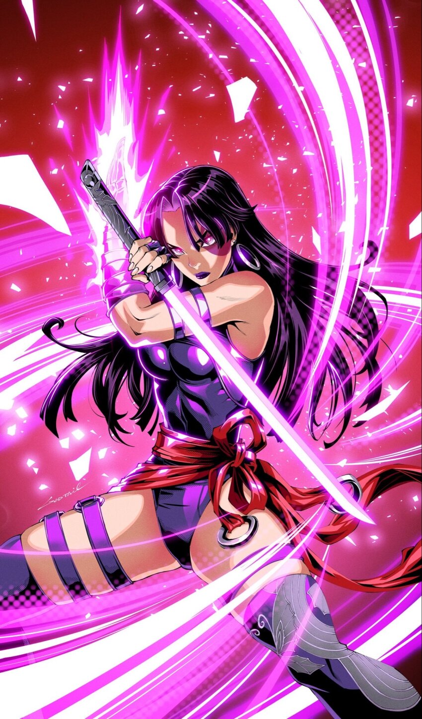 1girl arm_strap artist_name asymmetrical_dual_wielding black_hair boots breasts commentary_request curvy dual_wielding earrings energy_blade facial_mark fingerless_gloves floating_hair gloves glowing glowing_eyes glowing_sword glowing_weapon godtail highres holding holding_sword holding_weapon hoop_earrings jewelry katana knee_boots leotard linea_alba long_hair looking_at_viewer marvel marvel_rivals medium_breasts o-ring o-ring_thigh_strap parted_bangs pink_eyes psylocke psylocke_(vengeance) purple_boots purple_gloves purple_leotard purple_lips red_background red_sash sash shiny_skin silver_earrings skindentation solo sword thigh_strap waist_sash weapon wide_hips x-men