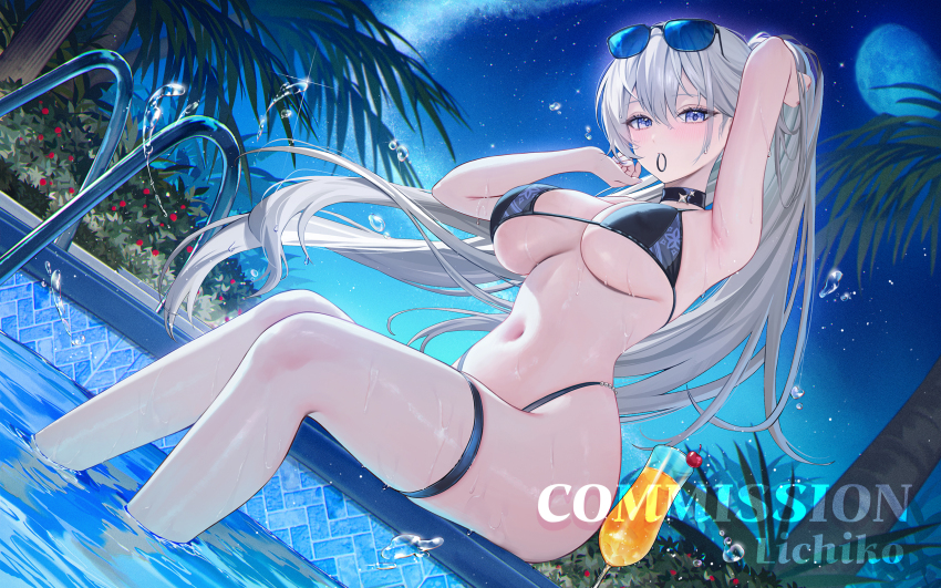 1girl arm_up armpits bare_arms bikini black_bikini black_choker blue_sky breasts bush choker commentary cup english_commentary eyewear_on_head flower grey_hair hair_tie_in_mouth highres lichiko long_hair looking_at_viewer medium_breasts milky_way moon mouth_hold navel night original outdoors palm_tree pool pool_ladder poolside purple_eyes sitting sky solo star_(sky) sunglasses swimsuit thigh_strap thighs tree underboob very_long_hair water_drop wet