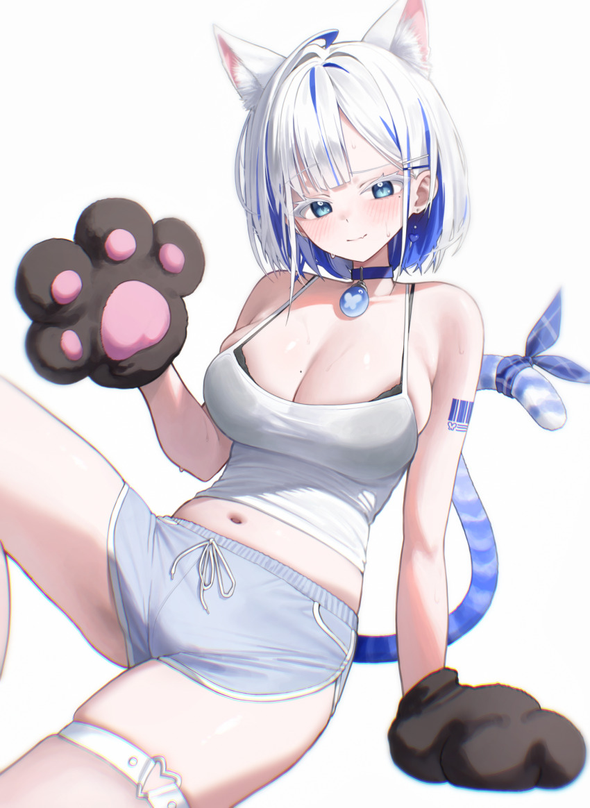 1girl animal_ear_fluff animal_ears animal_hands aqua_eyes arm_at_side arm_support arm_tattoo black_bra black_gloves blue_choker blue_shorts blue_tail bra bra_peek breasts camisole cat_ears cat_tail choker cleavage closed_mouth commentary commentary_request crop_top dolphin_shorts gigabani ging_nari gloves grey_hair hair_ornament hairclip hand_up heart heart_o-ring highres indie_virtual_youtuber knee_up korean_commentary large_breasts looking_at_viewer micro_shorts midriff mole mole_on_breast navel o-ring o-ring_thigh_strap paw_gloves shorts simple_background sitting skindentation small_sweatdrop smile solo spaghetti_strap striped_tail tail tattoo thigh_strap underwear virtual_youtuber white_background white_camisole