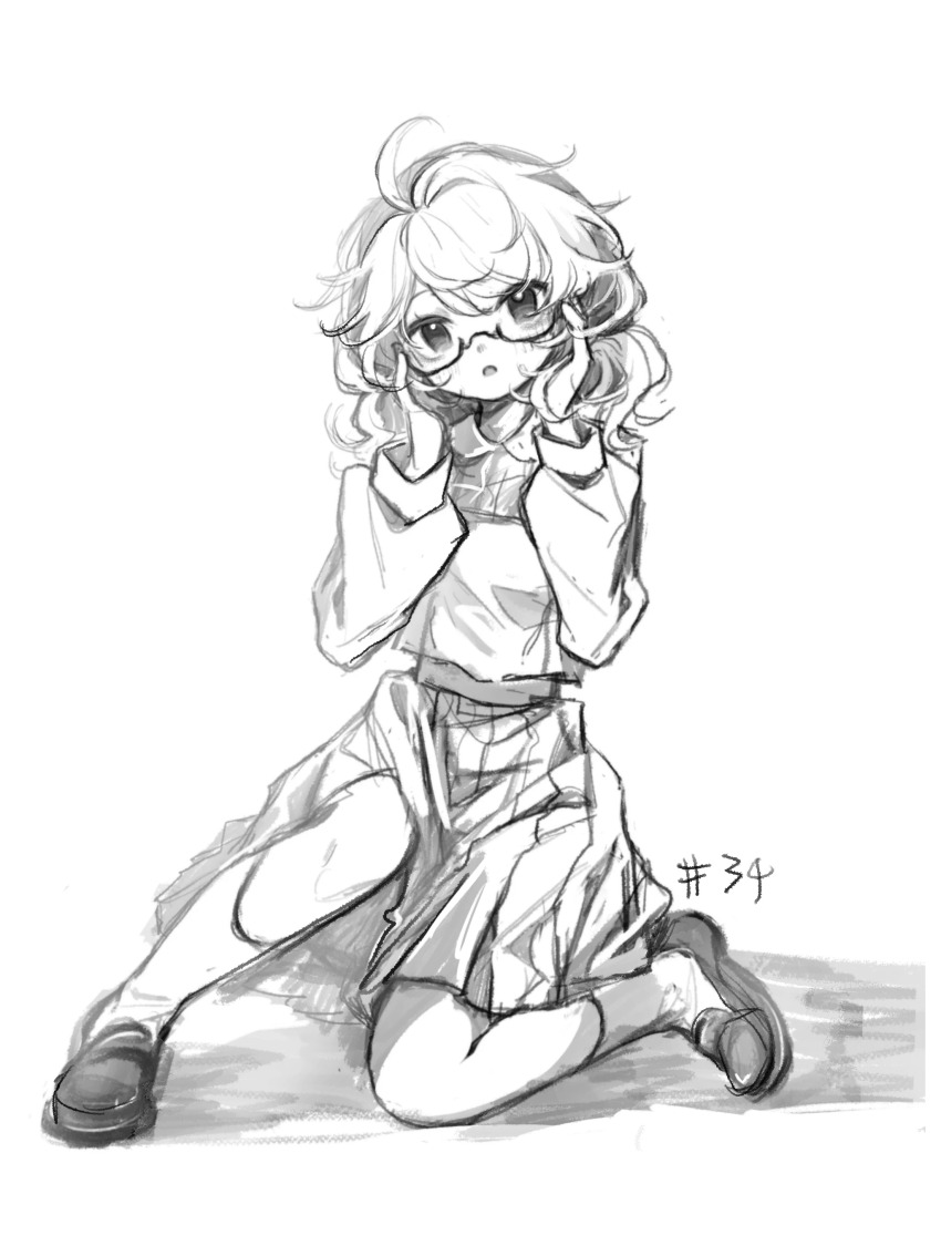 1girl 80isiiii absurdres blush chinese_commentary commentary_request full_body glasses greyscale highres long_sleeves looking_at_viewer monochrome open_mouth pleated_skirt semi-rimless_eyewear shirt shoes short_hair simple_background sketch skirt socks solo touhou under-rim_eyewear usami_sumireko white_background
