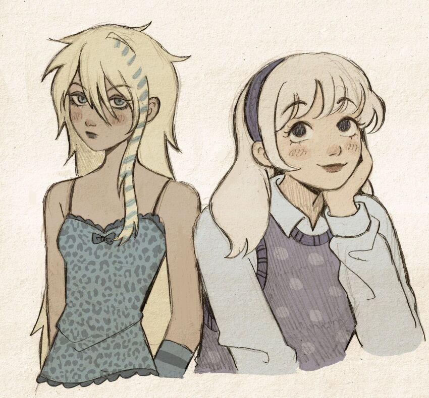 2girls aged_down arm_warmers bare_shoulders blonde_hair blue_bow blue_eyes blue_hairband blue_shirt blue_streaks blue_sweater_vest blush_stickers bow breasts carol_holiday collared_shirt colored_pencil_(medium) commentary cropped_torso deltarune english_commentary graphite_(medium) hairband hand_on_own_chin highres humanization long_hair looking_at_viewer multicolored_hair multiple_girls polka_dot raccoon_tails_(hairstyle) shirt single_sidelock sleeveless sleeveless_shirt small_breasts streaked_hair striped_arm_warmers sweater_vest szivarvanyturmix02 toriel traditional_media two-tone_hair utdr_(toby_fox) white_hair white_shirt
