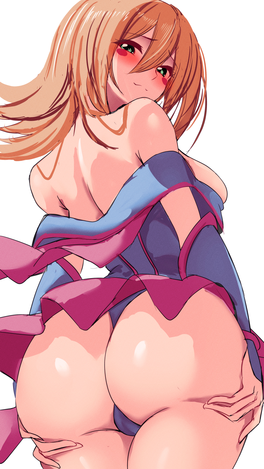 1girl absurdres armpit_crease ass ass_focus back bare_shoulders blonde_hair blue_leotard blush blush_stickers breasts cameltoe closed_mouth commentary_request curvy dark_magician_girl duel_monster from_behind grabbing_own_ass green_eyes highres huge_ass large_breasts leotard looking_at_viewer looking_back magical_girl no_headwear shiny_skin smile solo teru_cats thighs white_background wide_hips yu-gi-oh! yu-gi-oh!_duel_monsters