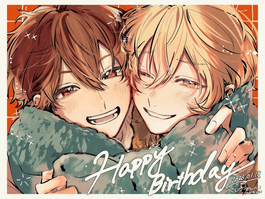 2boys artist_name bereko_(brk_cmps) blonde_hair border brown_eyes brown_hair clenched_teeth commentary_request dated ensemble_stars! fingernails green_scarf grey_border hair_between_eyes hakaze_kaoru hand_up happy_birthday highres looking_at_viewer male_focus morisawa_chiaki multiple_boys one_eye_closed open_mouth scarf smile teeth yellow_eyes
