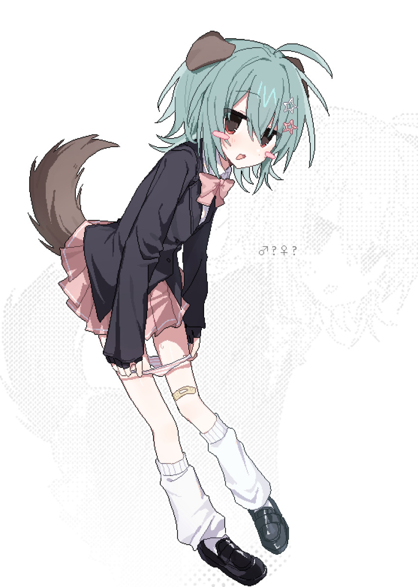 1other ahoge animal_ears bandaid bandaid_on_leg black_gloves black_jacket black_shoes blush_stickers bow bowtie commentary dog_ears dog_tail fingerless_gloves full_body gil_(gil_261) gloves green_hair hair_between_eyes hair_ornament highres jacket jaggy_lines jitome lapels loafers long_sleeves mars_symbol medium_hair miniskirt open_mouth original panties panty_pull pink_bow pink_bowtie pink_panties pink_skirt pleated_skirt red_eyes school_uniform shirt shoes skirt smile socks star_(symbol) star_hair_ornament striped_clothes striped_panties sweat tail underwear venus_symbol white_background white_shirt white_socks zoom_layer