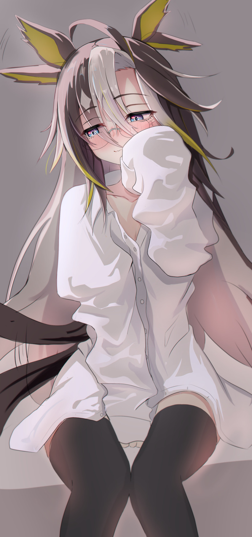 1girl absurdres afterimage animal_ears aroused averting_eyes between_legs black_hair black_tail black_thighhighs blue_eyes blush borrowed_clothes breasts collarbone collared_shirt colored_inner_animal_ears colored_inner_hair commentary_request dream_journey_(umamusume) ear_wiggle glasses gradient_eyes gradient_hair hair_between_eyes half-closed_eyes hand_between_legs happy head_tilt highres horse_ears horse_girl horse_tail knees_together_feet_apart long_hair motion_lines multicolored_eyes multicolored_hair naked_shirt oversized_clothes oversized_shirt partially_unbuttoned purple_eyes rimless_eyewear shirt sidelocks sitting sleeves_past_fingers sleeves_past_wrists small_breasts solo tail tail_wagging thakahashishi thighhighs umamusume very_long_hair wavy_mouth white_hair white_shirt