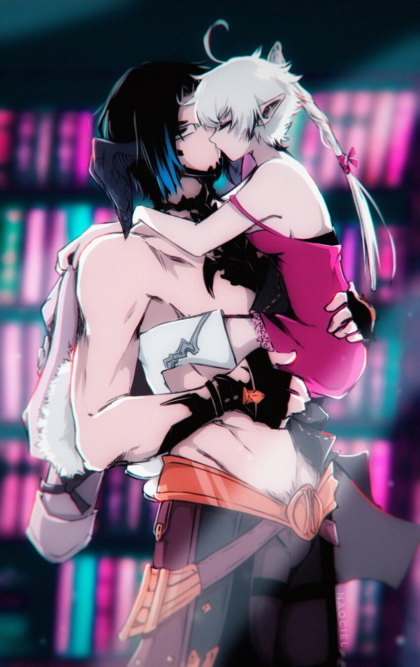 alisaie_leveilleur black_hair blue_eyes final_fantasy final_fantasy_xiv held held_up highres kiss lingerie ranier_layarte underwear undressing white_hair