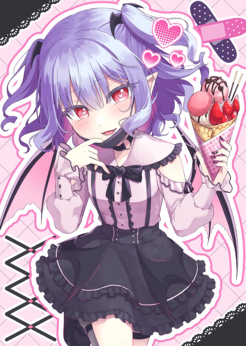 1girl :d absurdres alternate_costume alternate_hairstyle bat_hair_ornament bat_wings beni_kurage black_bow black_choker black_mask black_nails black_shoes black_skirt bow choker clothing_cutout commentary_request crepe crossed_bandaids fang food fruit hair_ornament heart heart-shaped_pupils highres holding holding_crepe holding_food ice_cream_crepe jirai_kei long_sleeves mask_pull medium_hair o-ring o-ring_choker open_mouth pink_background pink_shirt pocky purple_hair red_eyes remilia_scarlet shirt shoes shoulder_cutout skirt smile solo strawberry symbol-shaped_pupils thigh_strap touhou two_side_up wings