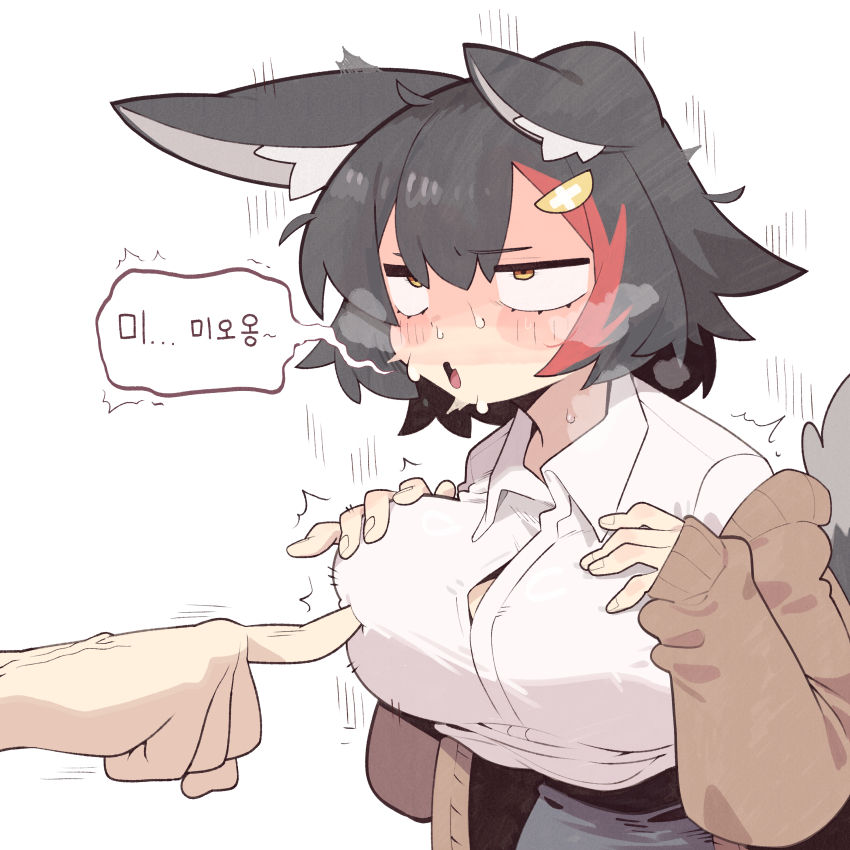 1girl 1other :o absurdres alternate_breast_size_(larger) animal_ear_fluff animal_ears black_hair blush breasts cocomayo29_(tomato) collared_shirt commentary_request hair_between_eyes hair_ornament hands_on_own_chest highres hololive korean_commentary korean_text large_breasts long_sleeves multicolored_hair nipple_rub nipple_stimulation nipple_tweak ookami_mio open_mouth red_hair shaking shirt simple_background sweat sweatdrop tail virtual_youtuber white_background white_shirt wolf_ears wolf_girl wolf_tail yellow_eyes