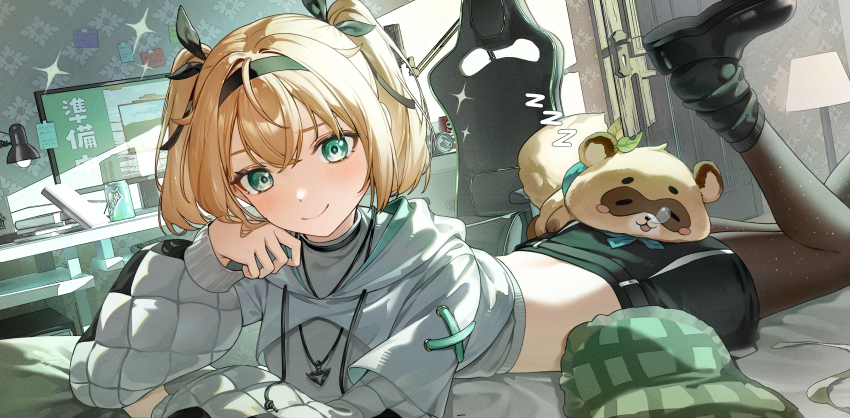 1girl absurdres black_shoes black_skirt blonde_hair can chair chinese_commentary closed_mouth commentary_request crop_top cropped_hoodie drink_can gaming_chair green_eyes hair_ribbon hairband highres hololive hood hoodie kazama_iroha kazama_iroha_(pop_dance) long_sleeves looking_at_viewer lying microphone miniskirt monitor oeuia official_alternate_costume on_stomach pantyhose pillow pokobee puffy_long_sleeves puffy_sleeves ribbon shirt shoe_soles shoes skirt smile socks solo sprite_(drink) swivel_chair twintails virtual_youtuber white_shirt