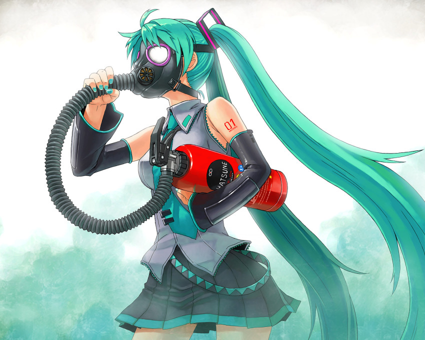 1girl aqua_hair bare_shoulders detached_sleeves female_focus fire_extinguisher fire_hydrant gas_mask hair_ornament hatsune_miku highres holding itou_(onsoku_tassha) long_hair mask nail_polish necktie pleated_skirt simple_background skirt solo strap tattoo tube twintails very_long_hair vocaloid
