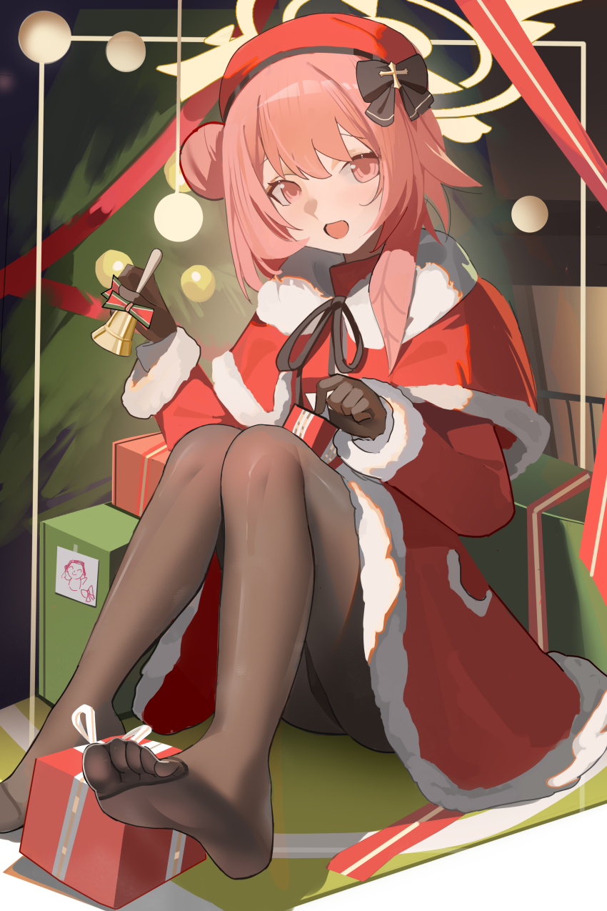 1girl absurdres bell beret black_bow black_gloves black_pantyhose black_ribbon blue_archive bow box capelet chinese_commentary christmas christmas_tree coat commentary commentary_request cross doodle_sensei_(blue_archive) drawing_(object) dress english_commentary feather_hair feet fur-trimmed_capelet fur-trimmed_dress fur_trim gift gift_box gloves hair_bow hair_bun halo handbell hat highres holding holding_bell knees_up looking_at_viewer medium_hair mixed-language_commentary no_shoes official_alternate_costume on_floor open_mouth pantyhose pink_eyes pink_hair red_capelet red_coat red_hat ribbon santa_costume santa_dress sensei_(blue_archive) serina_(blue_archive) serina_(christmas)_(blue_archive) single_side_bun sitting smile soles solo toes upskirt xiaojuan_(user_ezvt7287) yellow_halo