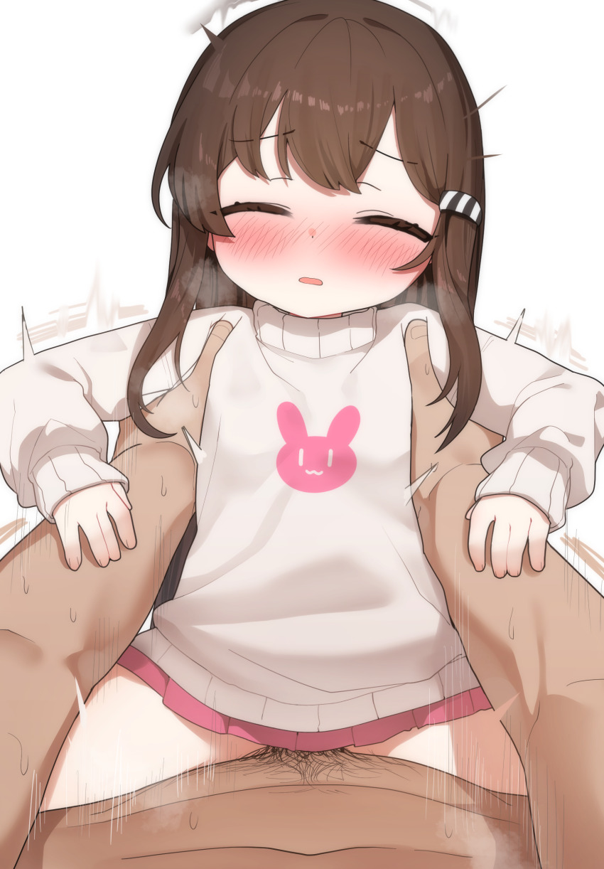 1boy 1girl absurdres baigaoji blush brown_hair closed_eyes commentary_request commission freehoney hair_ornament hairclip hetero highres loli long_hair long_sleeves original paid_reward_available pixiv_commission pov sex skirt sweater white_sweater