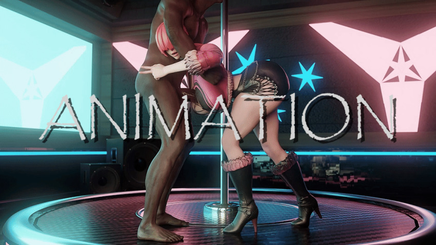 1boy 1girl animated ass between_breasts boots bouncing_ass bouncing_breasts breasts cleavage cleavage_cutout clothed_female_nude_male clothing_cutout curvy dark-skinned_male dark_skin dress erection fishnets fluffy hair_over_eyes hand_up heart hetero high_heel_boots high_heels huge_ass huge_breasts huge_penis indoors jacket jiggle large_breasts leather long_hair nude paizuri paizuri_under_clothes penis pole ponytail red_hair shermie_(kof) shiny_clothes shiny_skin skirt standing stripper_pole the_king_of_fighters thick_thighs thighs v vchansfm very_long_hair video wide_hips