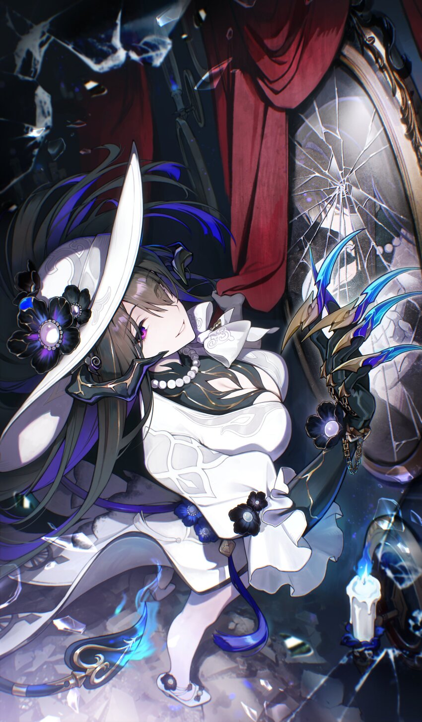 1girl absurdres bead_necklace beads black_flower black_hair bow breasts broken_mirror chain claws cleavage colored_inner_hair commentary constance_(honkai:_star_rail) curtains demon_horns demon_tail dress english_commentary fire flame-tipped_tail flower gloves grin hat hat_flower high_heels highres honkai:_star_rail honkai_(series) horns jewelry large_breasts mirror multicolored_hair necklace purple_eyes smile sun_hat tail uxien white_dress