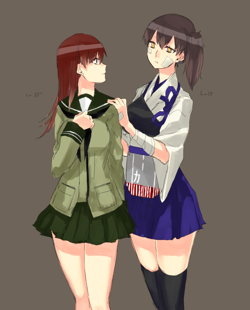 2girls bandaged_arm bandages bandaid bandaid_on_face black_neckerchief black_thighhighs blue_hakama breasts brown_hair commentary_request green_sailor_collar green_skirt grey_background hair_between_eyes hakama hakama_skirt highres japanese_clothes kaga_(kancolle) kagaya_jirou kantai_collection kimono level_difference long_hair multiple_girls muneate neckerchief ooi_(kancolle) pleated_skirt sailor_collar school_uniform serafuku side_ponytail skirt tasuki thighhighs translation_request white_kimono wide_sleeves yellow_eyes
