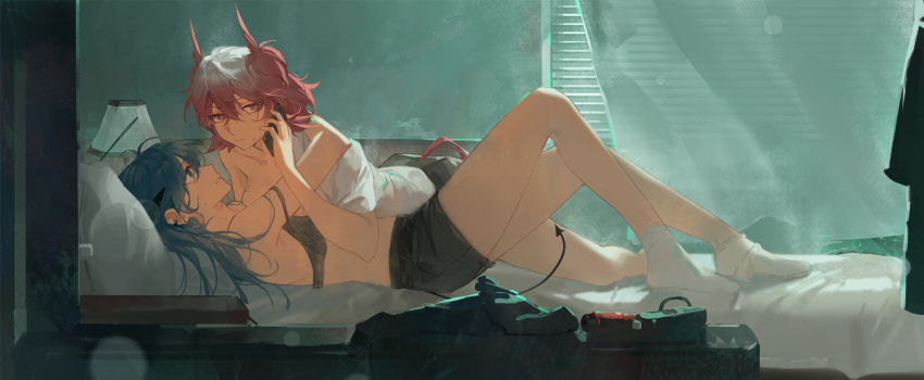 2girls ahoge animal_ears arknights armpit_peek asymmetrical_docking bare_legs bird_ears bird_tail black_bra black_horns black_shorts blue_eyes blue_hair bra breast_press breasts chinese_commentary collarbone commentary_request curtains demon_horns demon_tail ear_piercing expressionless feather_hair fiammetta_(arknights) full_body g_xio111 hand_up highres holding holding_phone horns hug knees_up lampshade large_breasts light_frown looking_at_another looking_to_the_side lying lying_on_person medium_hair mostima_(arknights) multiple_girls on_back on_bed partially_undressed phone piercing red_eyes red_hair shirt short_shorts shorts small_sweatdrop socks tail thighs topless_female underwear white_shirt white_socks yuri