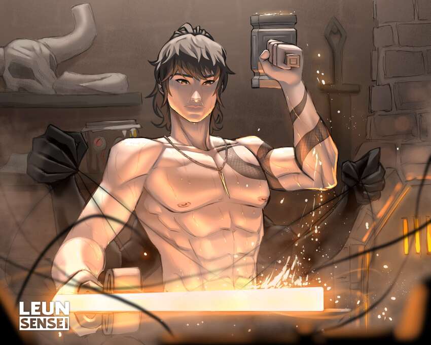 1boy absurdres arm_tattoo black_eyes black_hair blacksmith blacksmith_tongs chimney commentary cowboy_shot embers english_commentary extra_arms hammer high_ponytail highres holding holding_hammer holding_string holding_tongs indoors jewelry leunsensei male_focus muscular muscular_male necklace official_alternate_costume ponytail serious shadow_slave shoulder_tattoo skull snake_tattoo solo string sunny_(shadow_slave) sweatdrop tattoo tongs topless_male underlighting