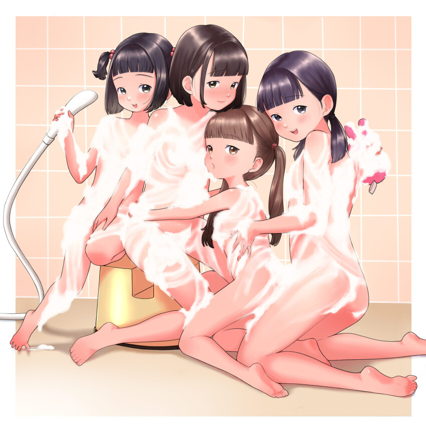 4girls barefoot bath_stool black_hair blunt_bangs border brown_hair commentary_request completely_nude convenient_censoring full_body hair_bobbles hair_ornament highres holding holding_shower_head kneeling loli long_hair looking_at_viewer low_twintails medium_hair multiple_girls nude original outside_border same-sex_bathing shared_bathing shiratama_(pixiv_89836035) short_hair shower_head sitting smile soap_bubbles soap_censor stool tareme twintails variant_set washing_another white_border