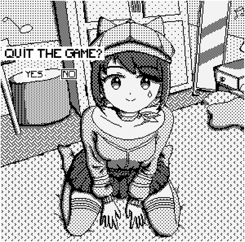 1girl animal_ear_headwear animated animated_gif breasts closed_mouth cool_mita_(miside) deimiler english_text fake_animal_ears greyscale halftone hat indoors long_sleeves medium_breasts miniskirt miside mita_(miside) monochrome peaked_cap pixel_art short_hair sitting skirt smile solo thighhighs wariza