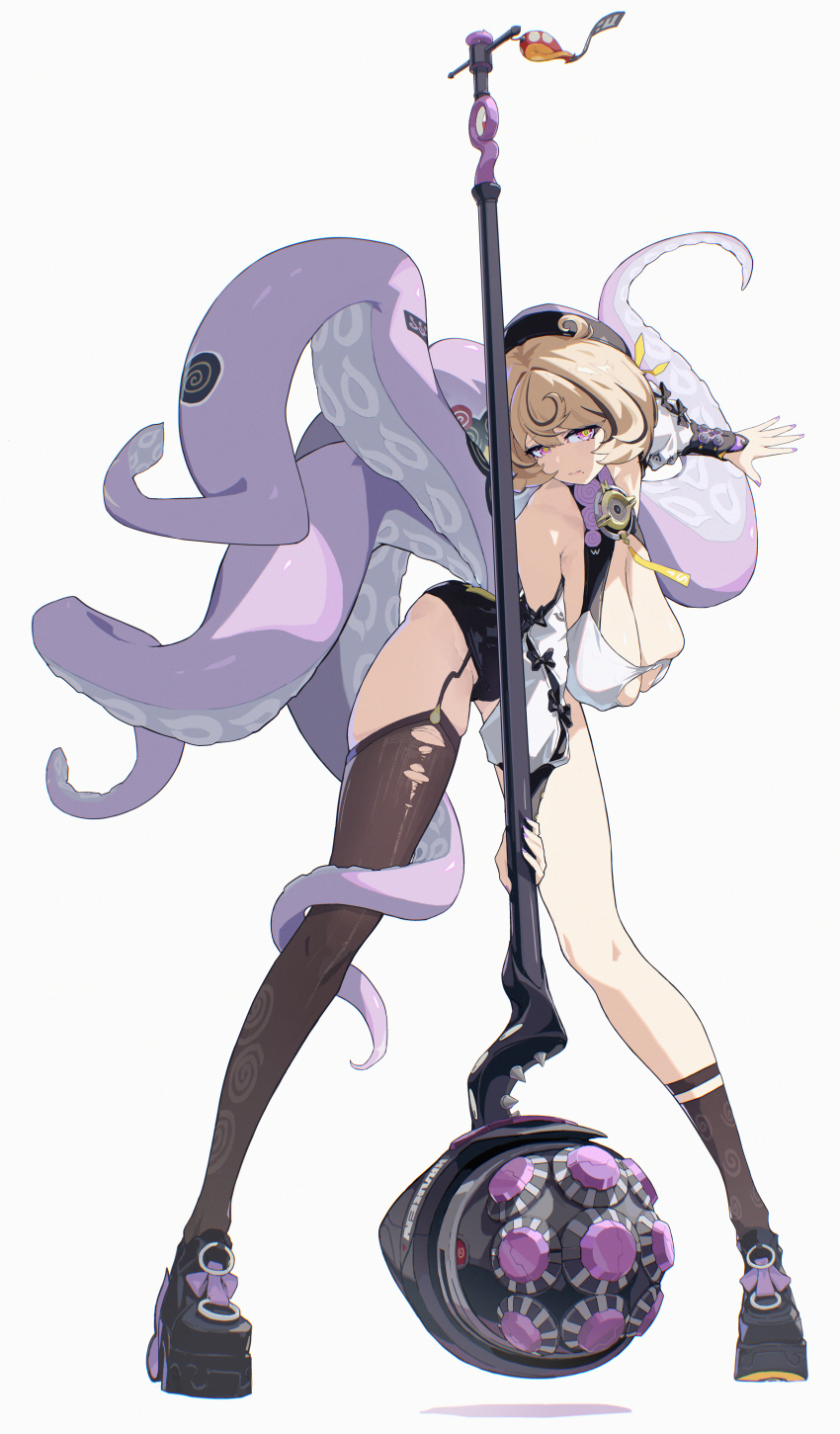 1girl absurdres bare_shoulders blonde_hair boots breasts cleavage commentary_request hammer high_heel_boots high_heels highres holding holding_hammer large_breasts mole platform_boots purple_eyes rimeye short_hair simple_background tentacle_girl tentacles white_background yidhari_murphy zenless_zone_zero