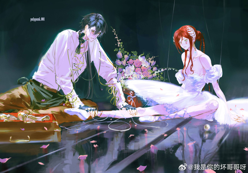 1boy 1girl absurdres bad_source ballerina ballet ballet_slippers black_hair dress flower highres long_hair original pulppunk001 puppet_strings red_hair string tutu white_dress