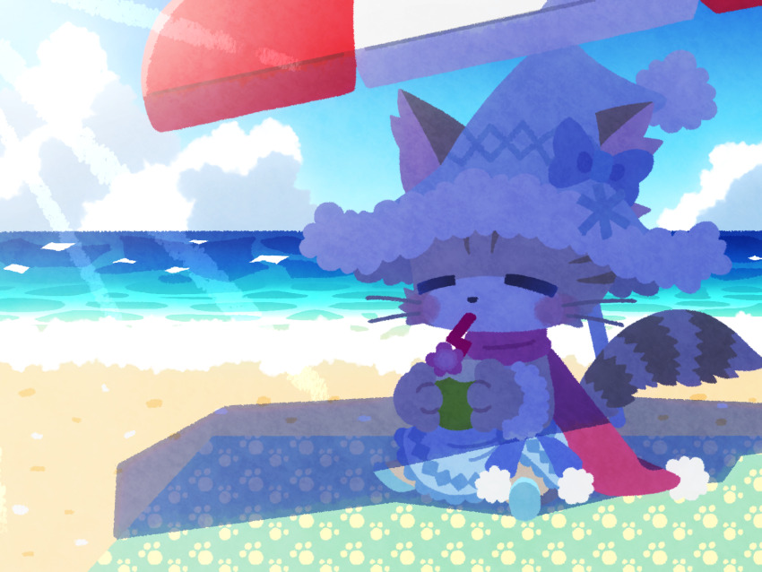 1girl =_= animal_ears animal_hands beach blue_hat blue_sarong blush_stickers bow cat_busters cat_ears cat_girl cat_tail chibi chibi_only chibikemo cloud coconut_cup commentary_request drink fur-trimmed_headwear fur_trim furry furry_female hat highres holding holding_drink light_rays mafumofu_(cat_busters) mafumofu_(swimsuit)_(cat_busters) no_lineart ocean oceannuts official_alternate_costume outdoors parasol pink_scarf pom_pom_(clothes) sand sarong scarf solo tail umbrella water whiskers witch_hat