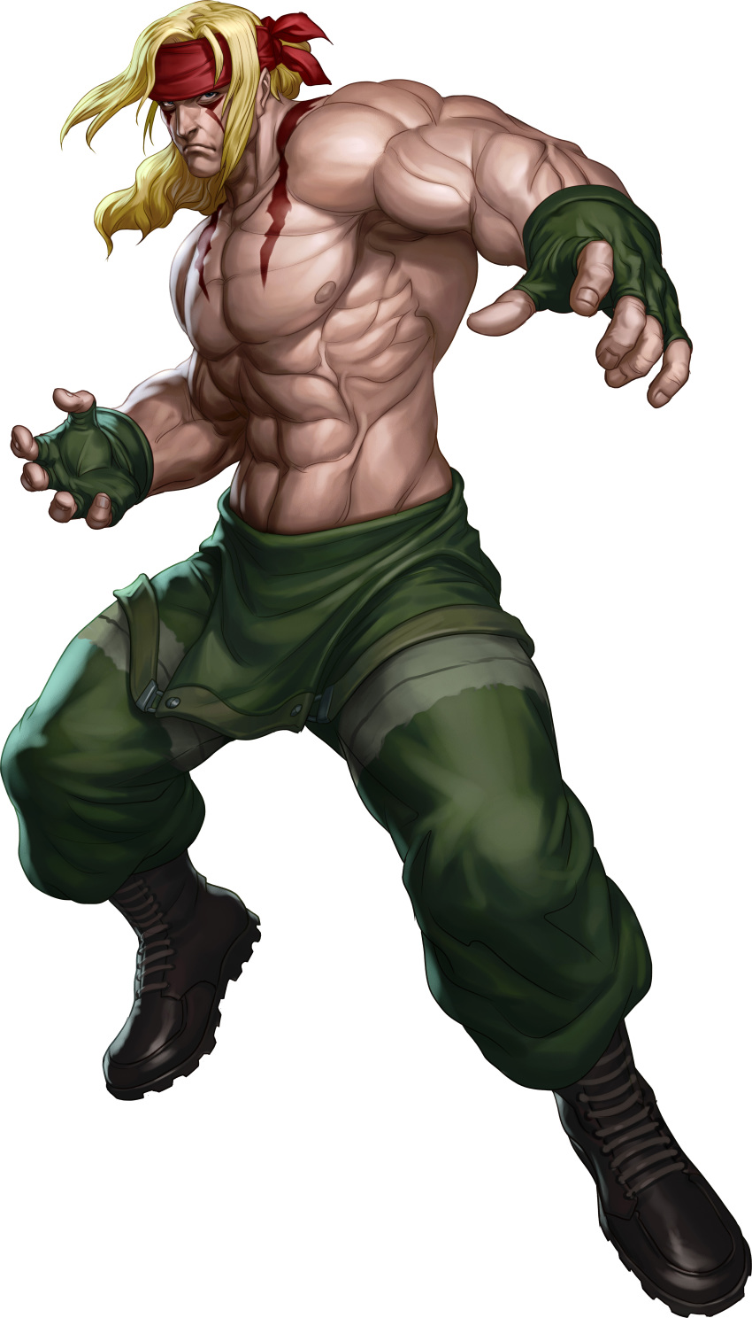 abs absurdres alex blonde_hair blue_eyes boots capcom fingerless_gloves gloves headband highres muscular official_art scar simple_background solo stanley_lau street_fighter street_fighter_iii street_fighter_iii:_3rd_strike topless_female topless_male